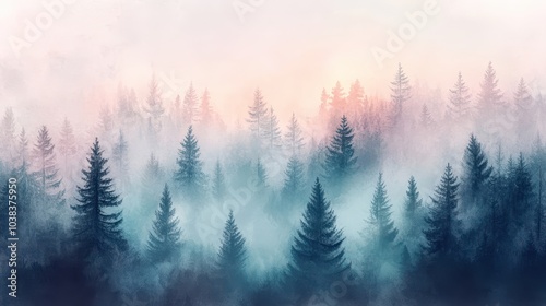 Misty Forest Sunrise - Tranquil Watercolor Landscape of Trees in Fog