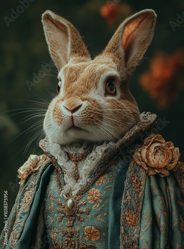 Regal rabbit in ornate royal attire with gold details 