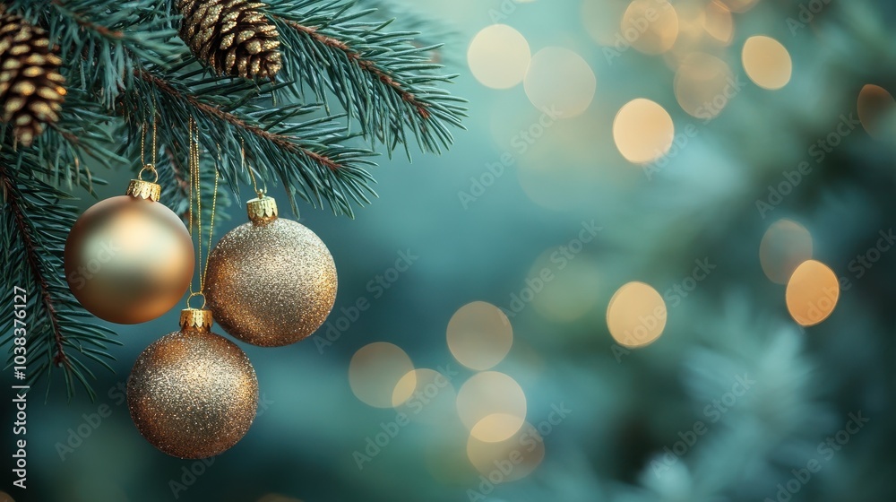 Obraz premium Golden ornaments hang from pine branches against a blurred green backdrop this festive season