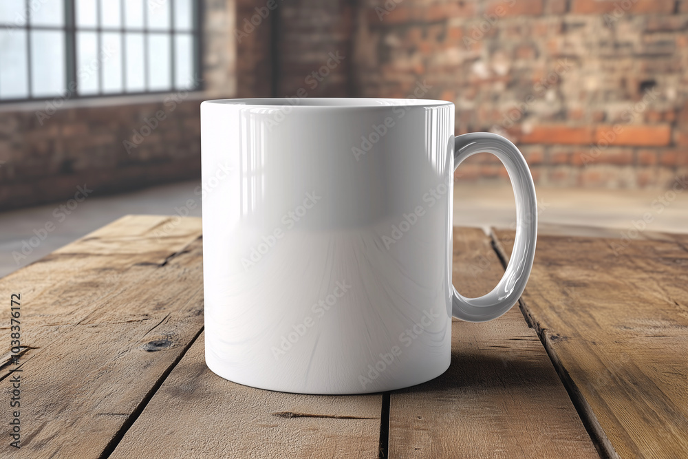 white coffee mug mockup on a wooden table