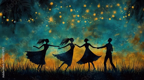 New Year 2025, beachside dancing with shining stars overhead, relaxed festive vibe, flat design illustration