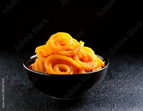 Tasty Diwali sweets jalebi served in a black bowl 