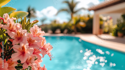 Delicate pink hibiscus flowers on the background of blue pool water