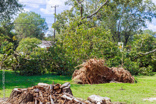 When hurricane hits, stormy winds uproot trees on ground, which causes extensive damage photo