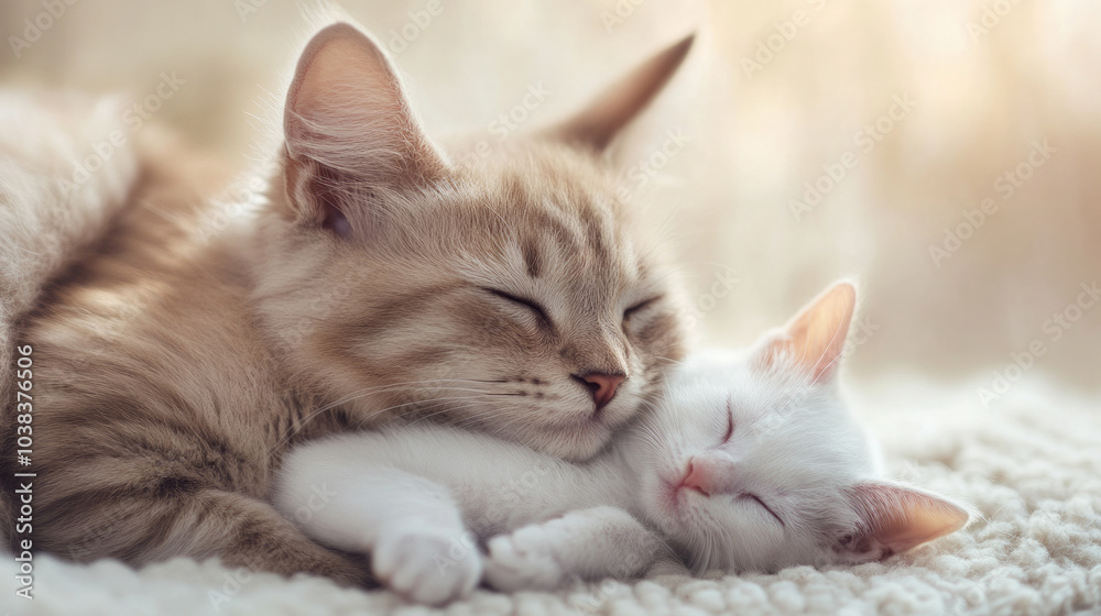 A heartwarming moment of a sleeping cat and kitten cuddling together on a cozy blanket in warm, soft lighting A heartwarming moment of a sleeping cat and kitten cuddling together on a cozy blanket in warm, soft lighting