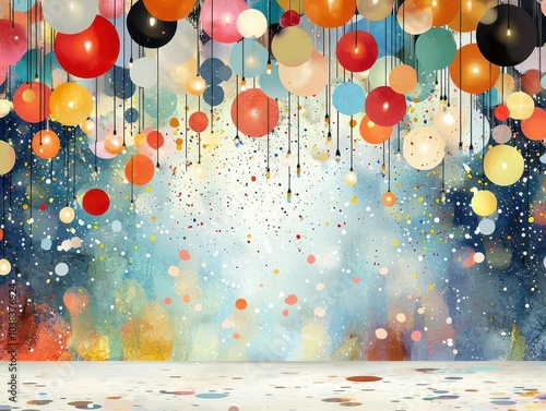 New Year 2025, glamorous ballroom with glittering lights and confetti raining down, elegant celebration, flat design illustration