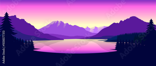 Purple mountain landscape wallpaper in a minimalist flat design style. Minimalist beauty background for desktop and wallpaper
