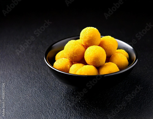 Delicious Indian festival sweets laddu served in a bowl on dark background 