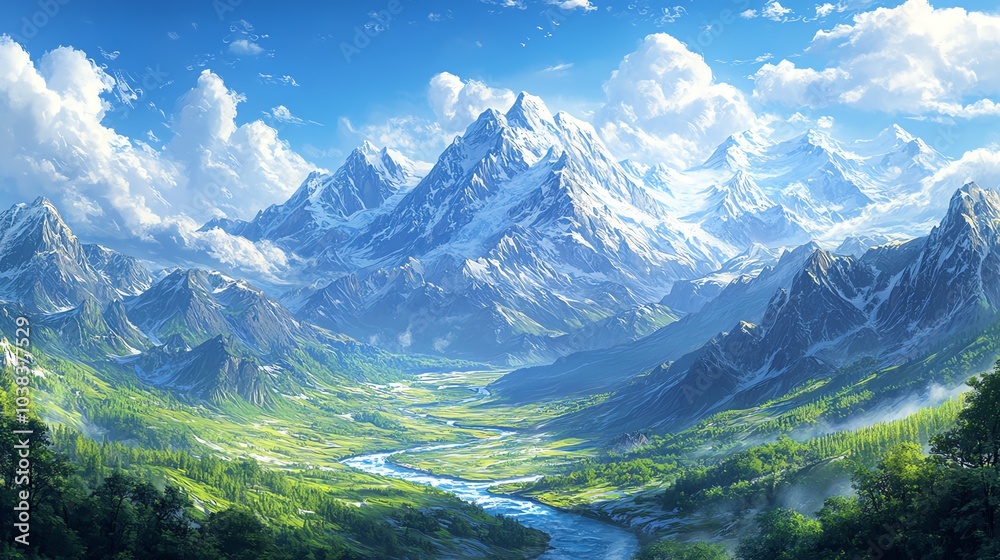 Majestic mountain landscape with a flowing river Majestic mountain landscape with a flowing river