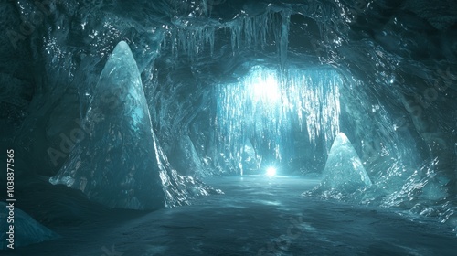 Glacial Wonderland - A Captivating Ice Cave with Intricate Ice Sculptures and Glowing Icicles in an Enchanting Ice Age Environment