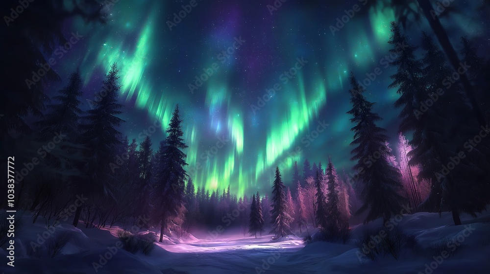 A mesmerizing display of the Northern Lights dancing across the night sky, in shades of green, blue, and purple. Below, a snow-covered forest stands illuminated by the soft glow of the aurora A mesmerizing display of the Northern Lights dancing across the night sky, in shades of green, blue, and purple. Below, a snow-covered forest stands illuminated by the soft glow of the aurora