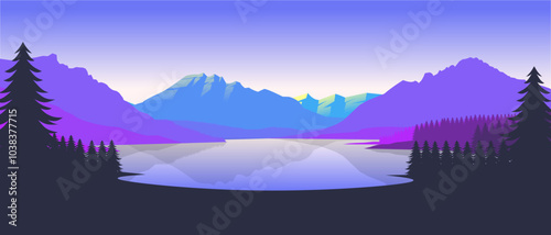 Colorful mountain landscape wallpaper in a minimalist flat design style. Minimalist beauty background for desktop and wallpaper