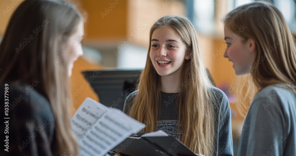 Three students engage in a lively discussion about music theory during a choir rehearsal in a school setting Three students engage in a lively discussion about music theory during a choir rehearsal in a school setting
