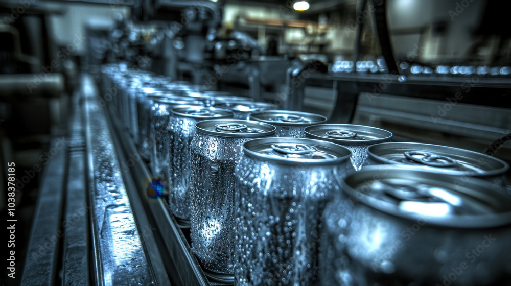 Fototapeta premium Tin Cans on the Production Line in Manufacturing Facility