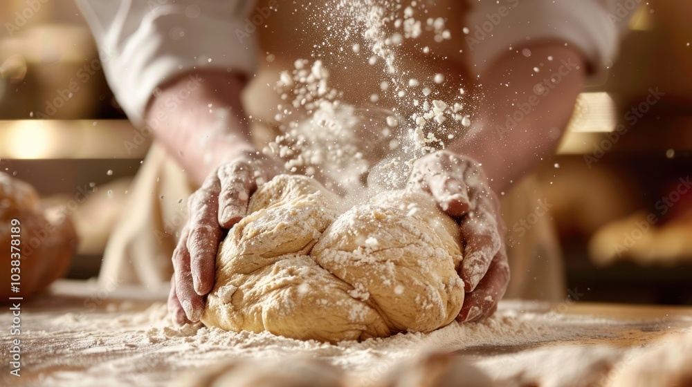 Hands kneading dough on a floured surface, focusing on the baking process Hands kneading dough on a floured surface, focusing on the baking process