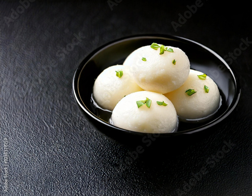 Delicious Indian sweets rasgulla served in a bowl on dark background 