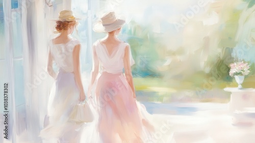 Two women are walking in a garden, one of them is holding a handbag