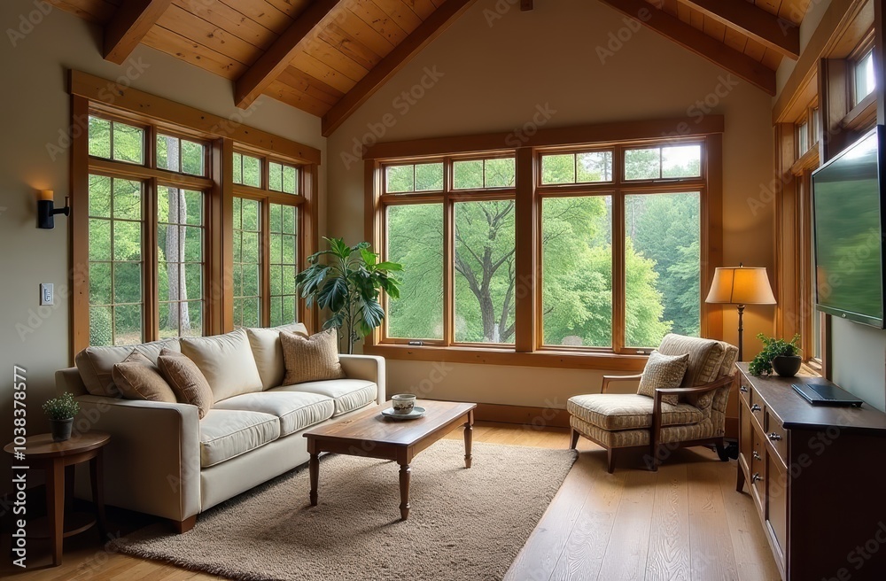 Fototapeta premium inviting living room filled with natural light streaming through numerous large windows, furnished with a comfortable couch