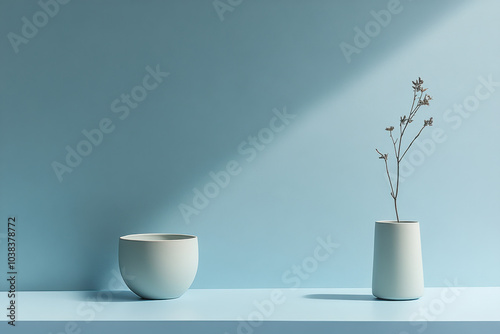 Minimalist decor featuring two ceramic vases on light blue background, one with delicate flower. serene composition evokes tranquility and simplicity