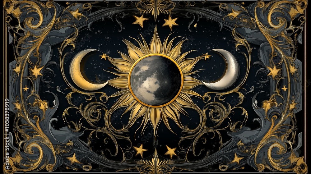 An artistic depiction of the sun and moon in a celestial dance, surrounded by stars and cosmic swirls.