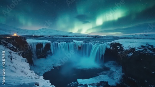 A wonderful night with Kp 5 . Northern lights The Godafoss is a waterfall in Iceland.