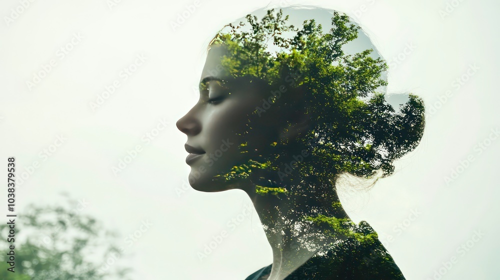 A woman's profile is superimposed with a lush green tree, symbolizing a connection to nature and peace. A woman's profile is superimposed with a lush green tree, symbolizing a connection to nature and peace.