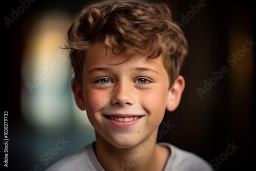 Portrait of a smiling little boy looking at the camera over dark background