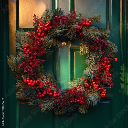 A rich 13" Christmas wreath with red eucalyptus berries, on a green door, in evening sunlight.