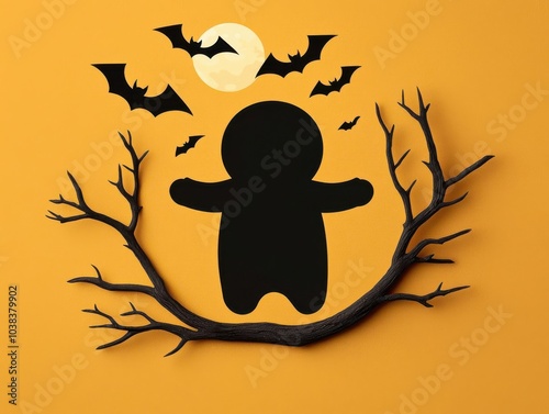 Halloween theme with a silhouette, bats, and moon on a vibrant orange background.