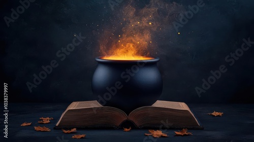 Mysterious cauldron with swirling flames over an open book, dark background.