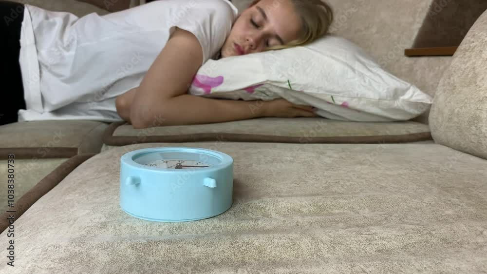 Blonde girl against background of ringing alarm clock wakes up from loud sound and turns off signal and continues to sleep on soft pillow, turning off alarm clock and continuing to sleep Blonde girl against background of ringing alarm clock wakes up from loud sound and turns off signal and continues to sleep on soft pillow, turning off alarm clock and continuing to sleep