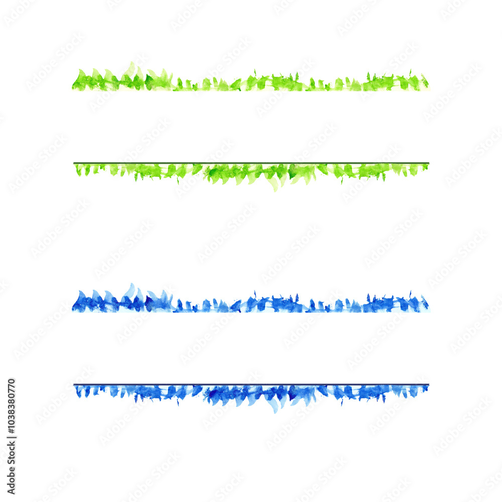 Set of green and blue watercolor abstract frames with brush strokes like grass for title or message on white background. Set of green and blue watercolor abstract frames with brush strokes like grass for title or message on white background.