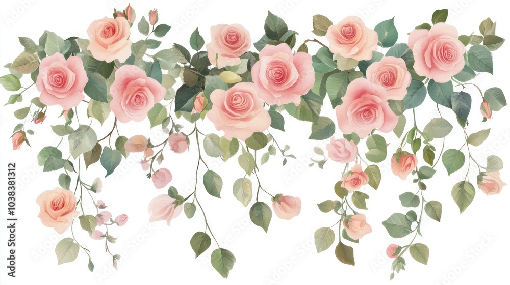 Hanging pink roses illustration. Love and floral designs Hanging pink roses illustration. Love and floral designs