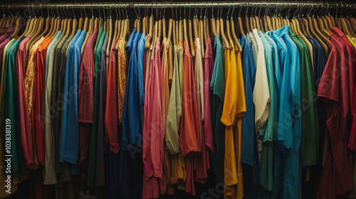 A vibrant collection of color-coordinated clothes hanging in a closet, showcasing a diverse range of hues and styles