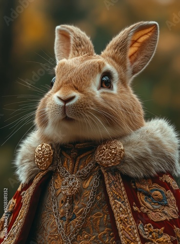 Regal rabbit in ornate royal attire with gold details 