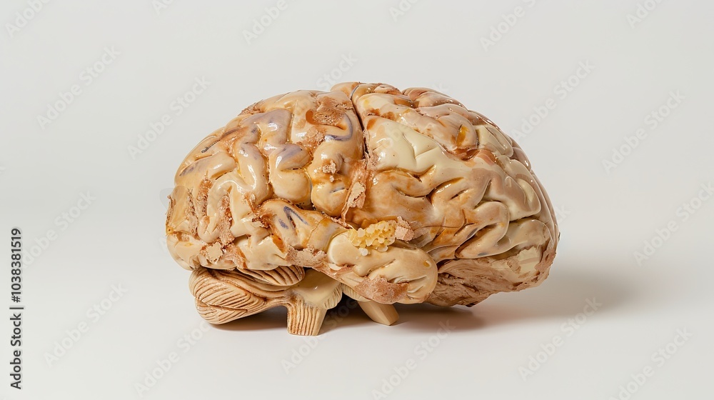 Close-up of human brain model with visible tumor, neutral background, soft lighting, medical focus, detailed representation, educational tool for medical professionals and students. Close-up of human brain model with visible tumor, neutral background, soft lighting, medical focus, detailed representation, educational tool for medical professionals and students.