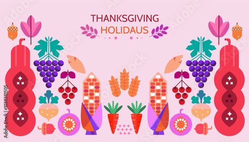 Happy Thanksgiving Day- template Greeting card with decorations of leaves, pumpkins, sunflower, berry, family dinner of nature.Vector flat icon illustration
