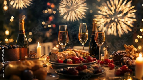 A celebratory table set with champagne, appetizers, and desserts with fireworks in the background.