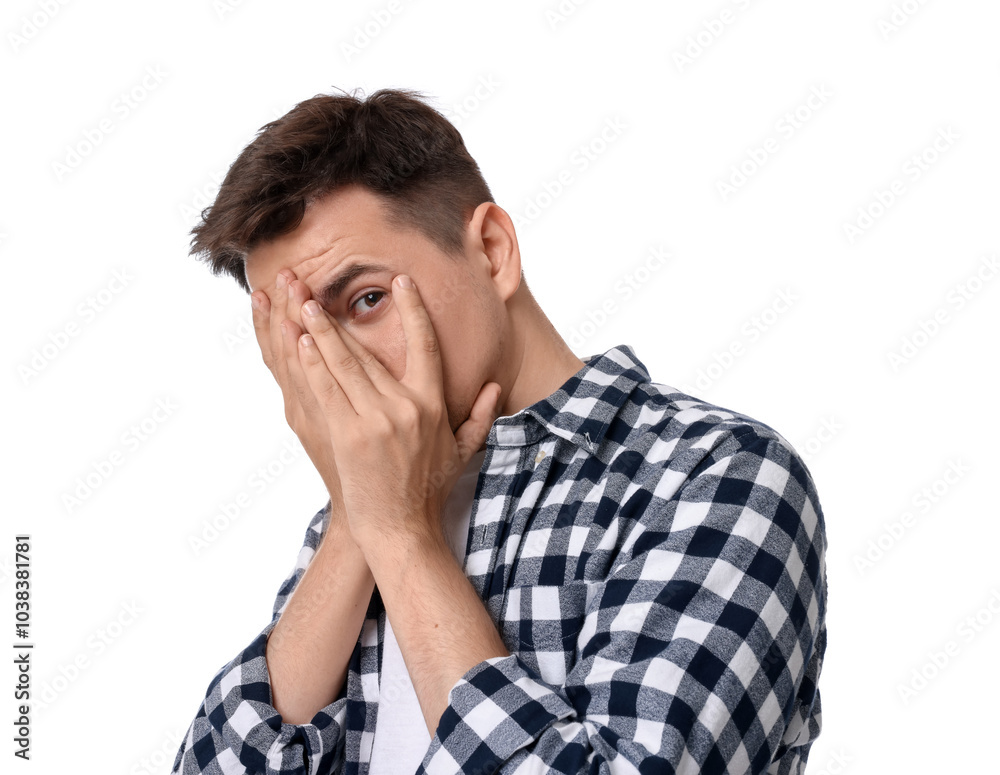 Portrait of scared young man on white background Portrait of scared young man on white background