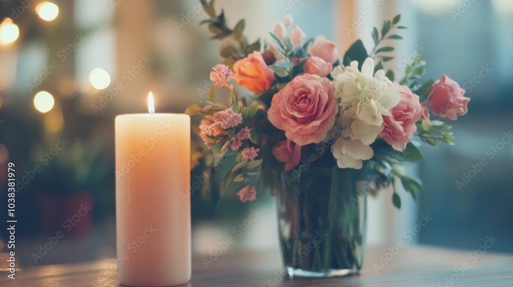 Table vase with flowers and candle. Cozy atmosphere Table vase with flowers and candle. Cozy atmosphere
