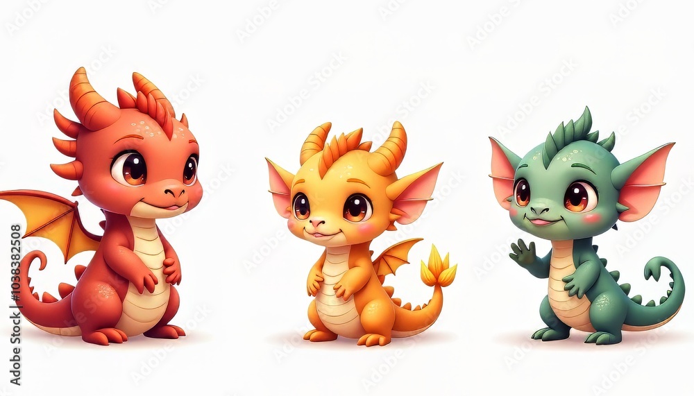 Three cute cartoon dragons with a joyful expression on a light background Three cute cartoon dragons with a joyful expression on a light background
