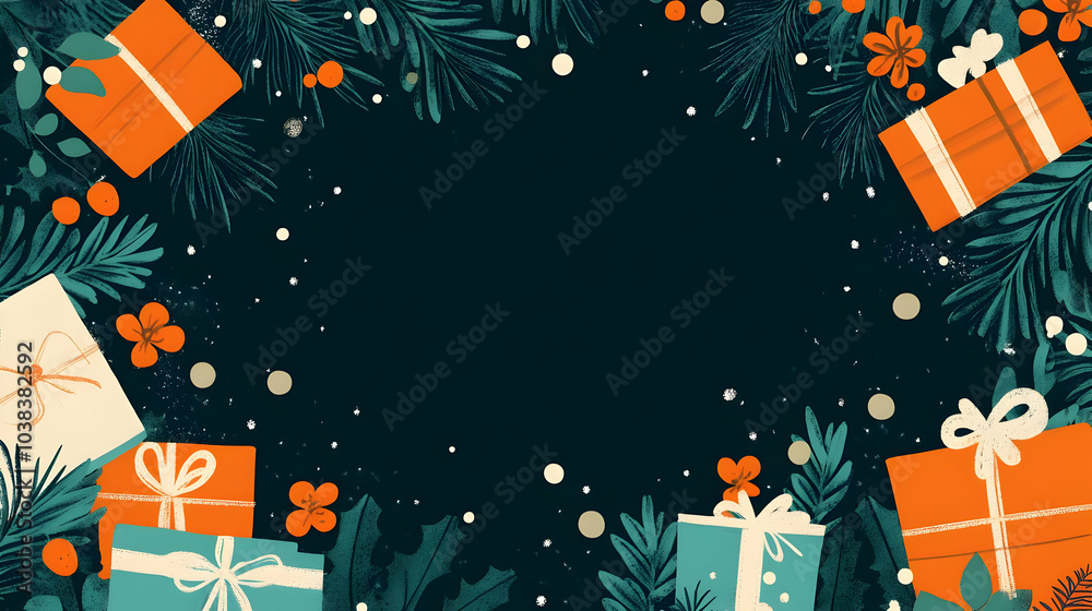 Festive Christmas Gift Background with Green Foliage. Festive Christmas Gift Background with Green Foliage.
