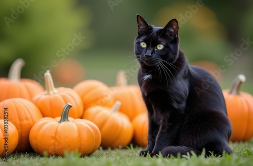 Halloween holidays. Cat with pumpkins. Black cat and pumpkins in the autumn garden. Autumn season. October. Autumn mood.