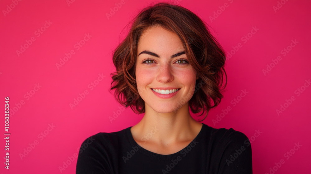 A young woman with a mischievous smile stands confidently in front of a vibrant pink background during daytime A young woman with a mischievous smile stands confidently in front of a vibrant pink background during daytime