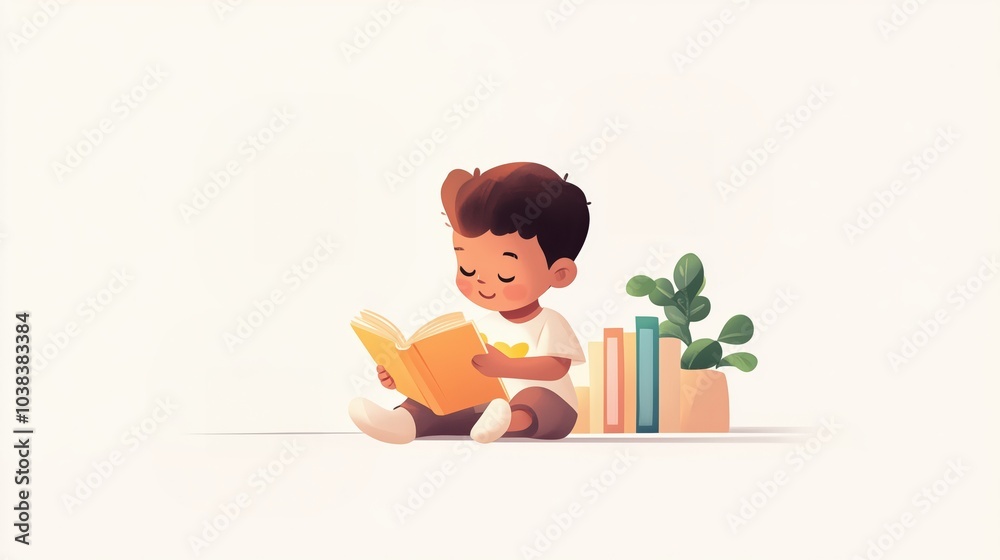 Children's book illustration, happy baby reading a book, minimalistic design, beige background, front view, horizontal Children's book illustration, happy baby reading a book, minimalistic design, beige background, front view, horizontal