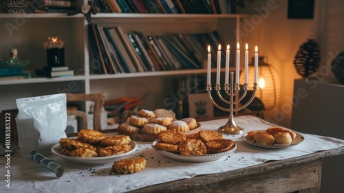 Festive table with assorted pastries and candles in cozy setting for joyful gatherings