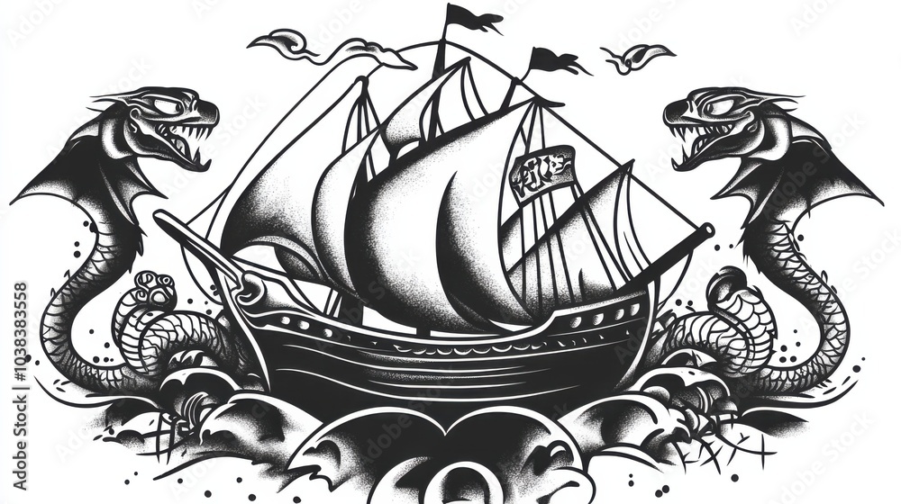 Fototapeta premium Classic Nautical Tattoo of Sailboat and Swallow Design