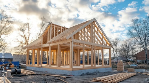 A wooden frame house under construction with a concrete foundation, surrounded by bare trees and a cloudy sky.