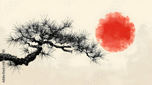 Japanese Pine Tree Silhouette with Red Sun