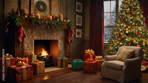 A cozy living room decorated for Christmas with a lit fireplace  a decorated tree  and presents under it.
